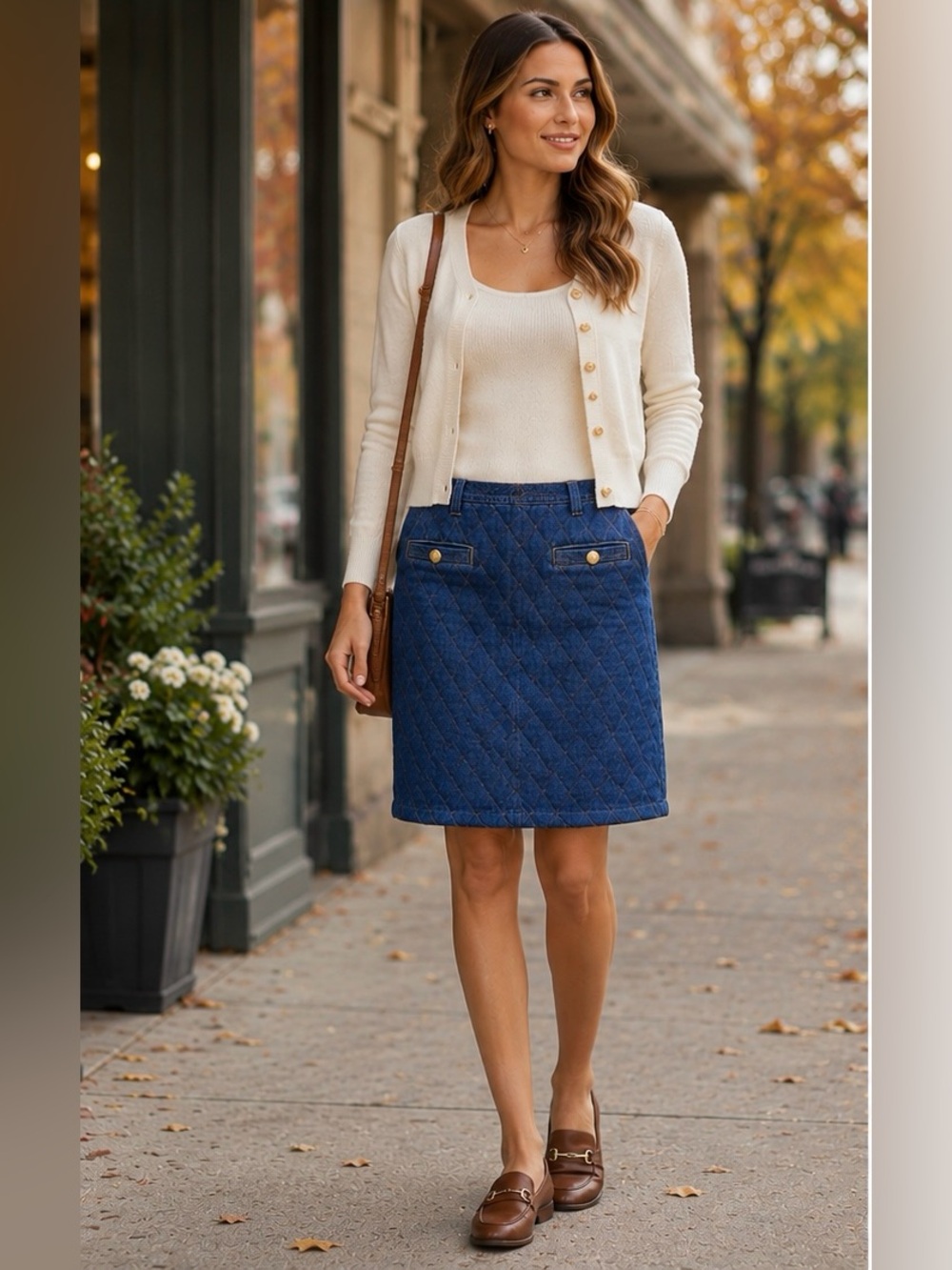 Ann Taylor quilted denim mini skirt with gold button front pockets Size 16